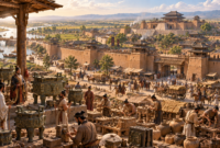 Ancient China with an early Chinese city, bronze vessels, farmers, and rammed-earth walls
