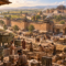 Ancient China with an early Chinese city, bronze vessels, farmers, and rammed-earth walls