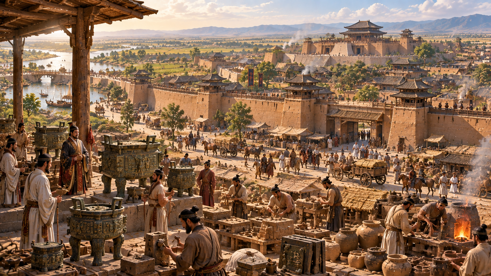 Ancient China with an early Chinese city, bronze vessels, farmers, and rammed-earth walls