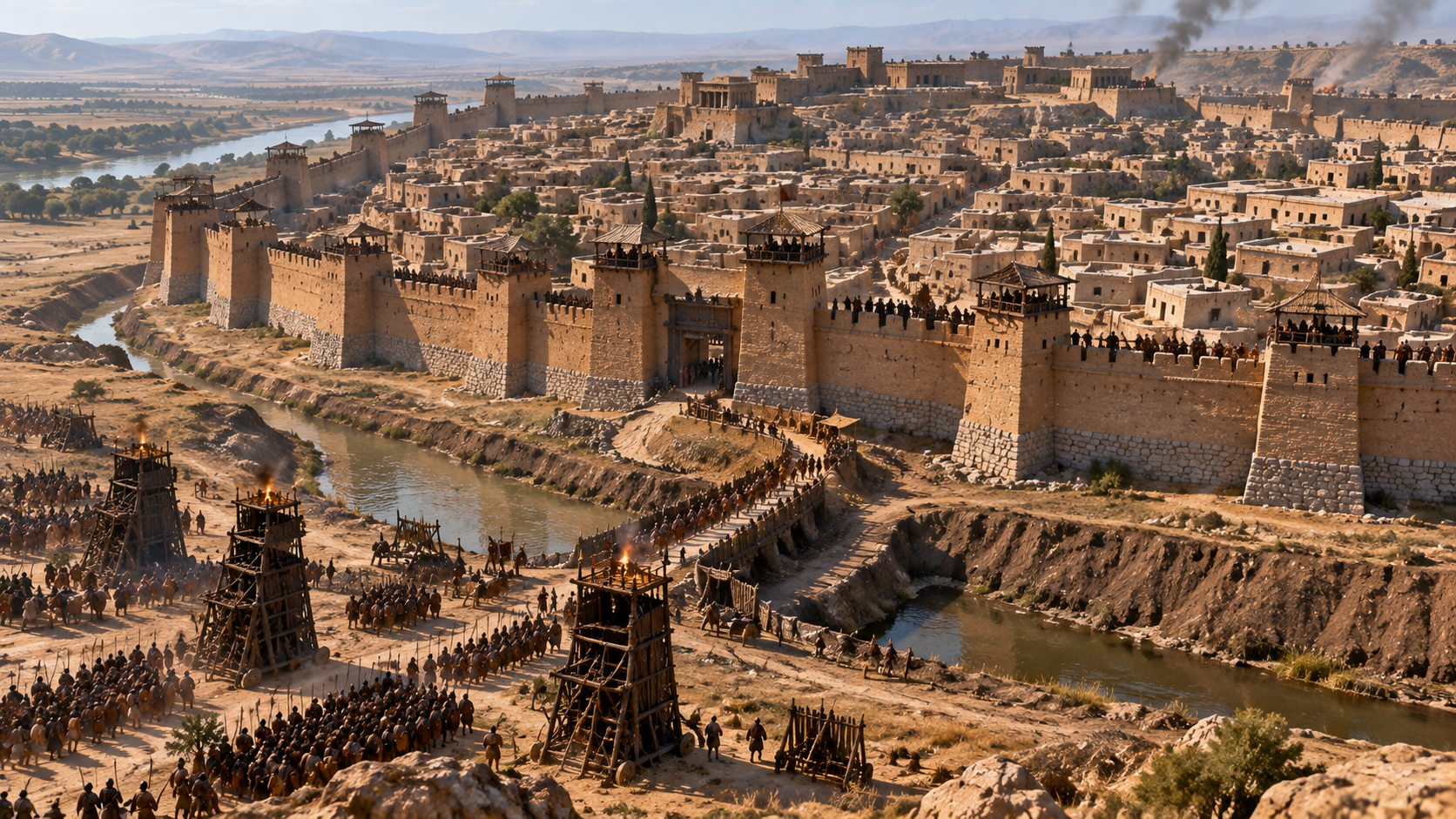 Ancient defensive city using walls gates terrain and controlled routes