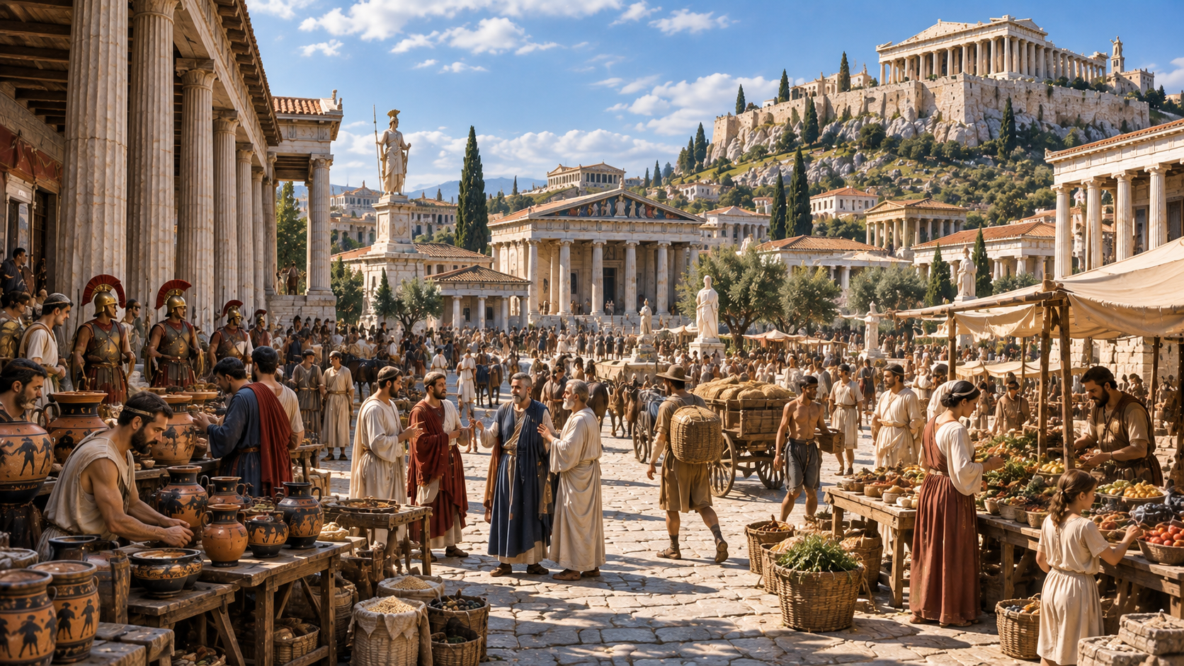 Daily Life in Classical Athens Classical Athens agora with citizens, merchants, craftsmen, and public buildings