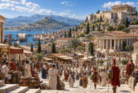 Ancient Greece with a Classical polis, temples, harbor, citizens, and mountains