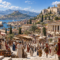 Ancient Greece with a Classical polis, temples, harbor, citizens, and mountains