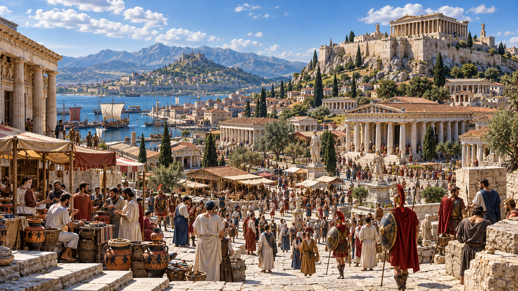 Ancient Greece with a Classical polis, temples, harbor, citizens, and mountains