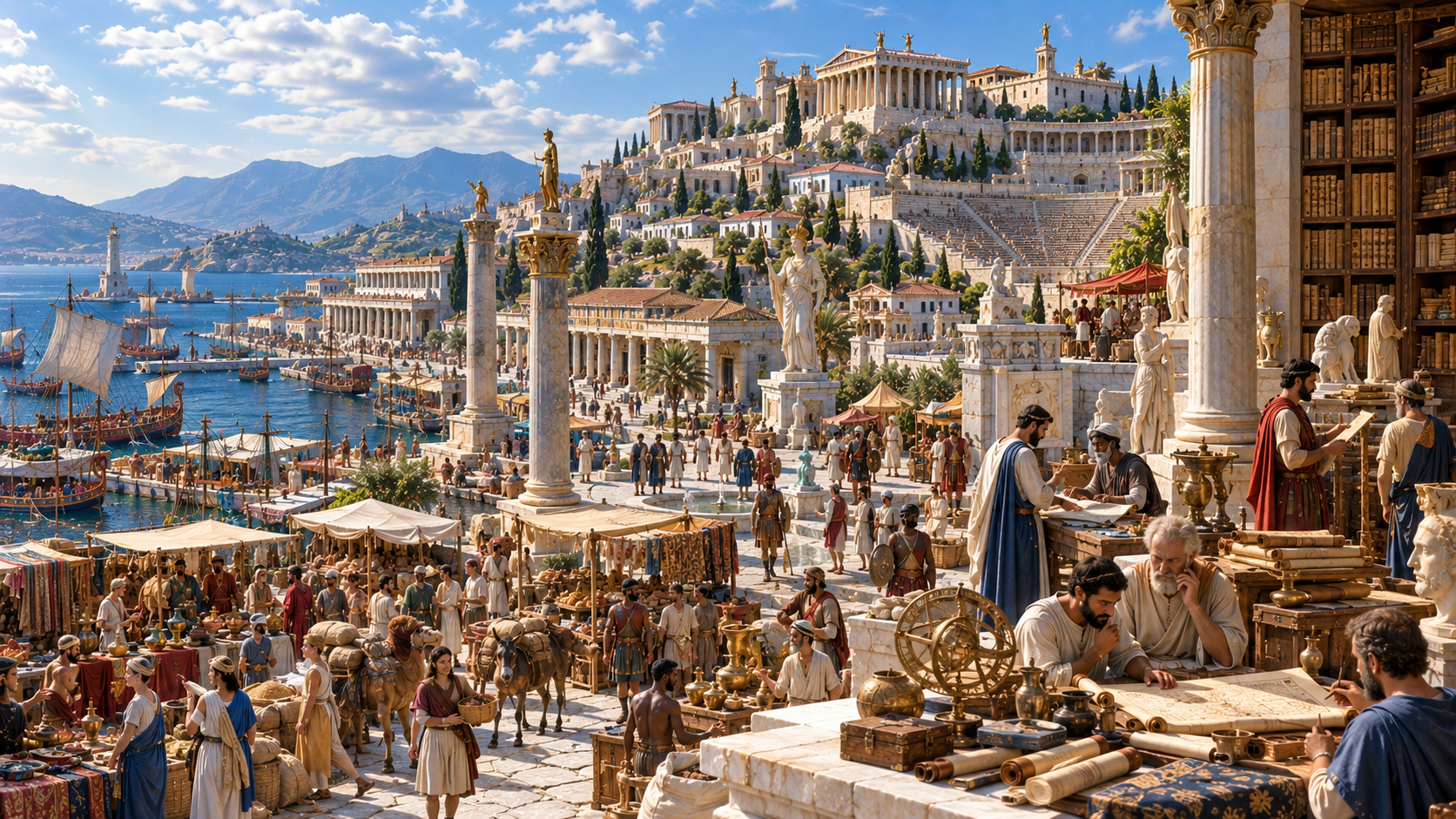 The Hellenistic World Hellenistic city with Greek architecture, scholars, merchants, and Mediterranean trade