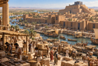 Ancient Mesopotamia with a Sumerian city, ziggurat, canals, and people
