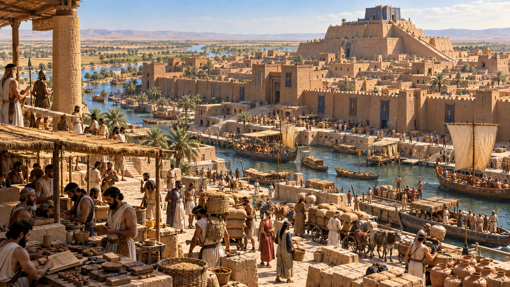 Ancient Mesopotamia with a Sumerian city, ziggurat, canals, and people