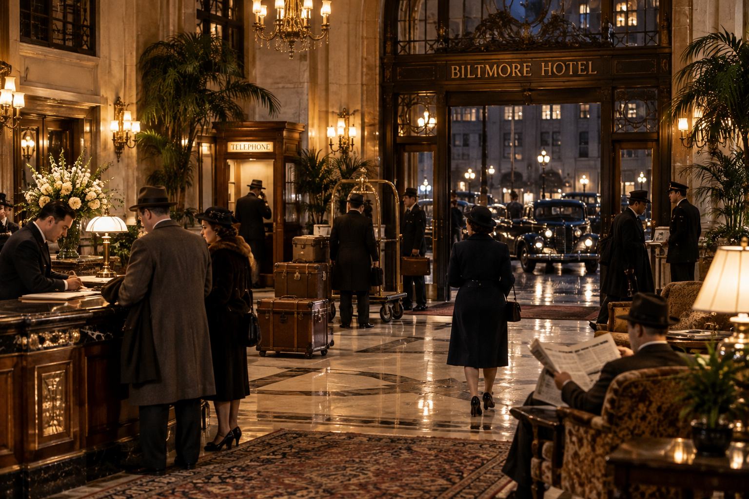 The Biltmore Hotel and Elizabeth Short's Final Known Movements Period 1947 Biltmore Hotel setting connected to Elizabeth Short's final known movements, AI reconstruction