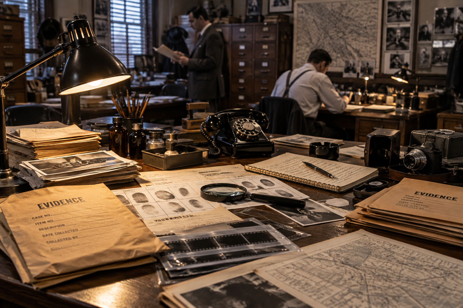 Forensic Investigation of the Black Dahlia Case 1947 forensic investigation workspace related to the Black Dahlia murder, AI-generated reconstruction