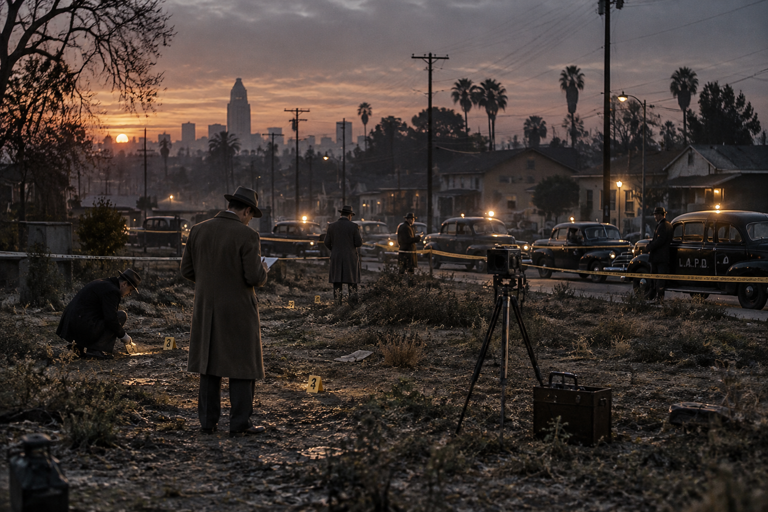 Black Dahlia murder investigation in Los Angeles in 1947 shown as an AI-generated historical reconstruction
