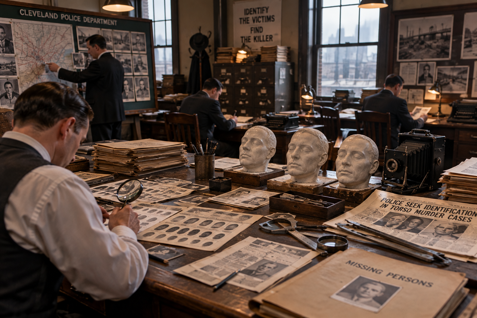 1930s Cleveland police effort to identify Torso Murder victims, AI-generated reconstruction