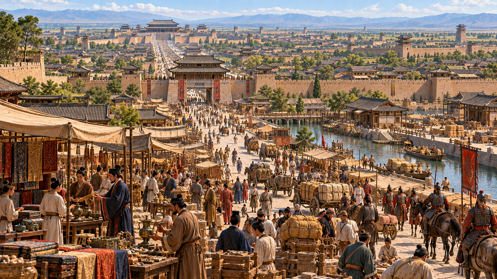 Ancient China Han capital Chang'an with markets, officials, artisans, and Silk Road travelers