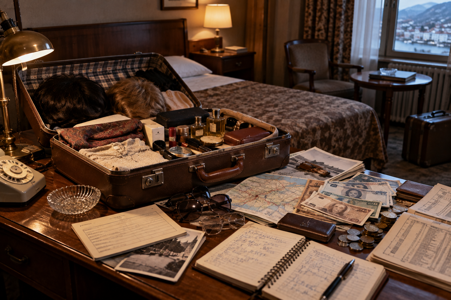 The False Identities of the Isdal Woman 1970s suitcase and travel records representing the Isdal Woman's false identities, AI-generated historical reconstruction