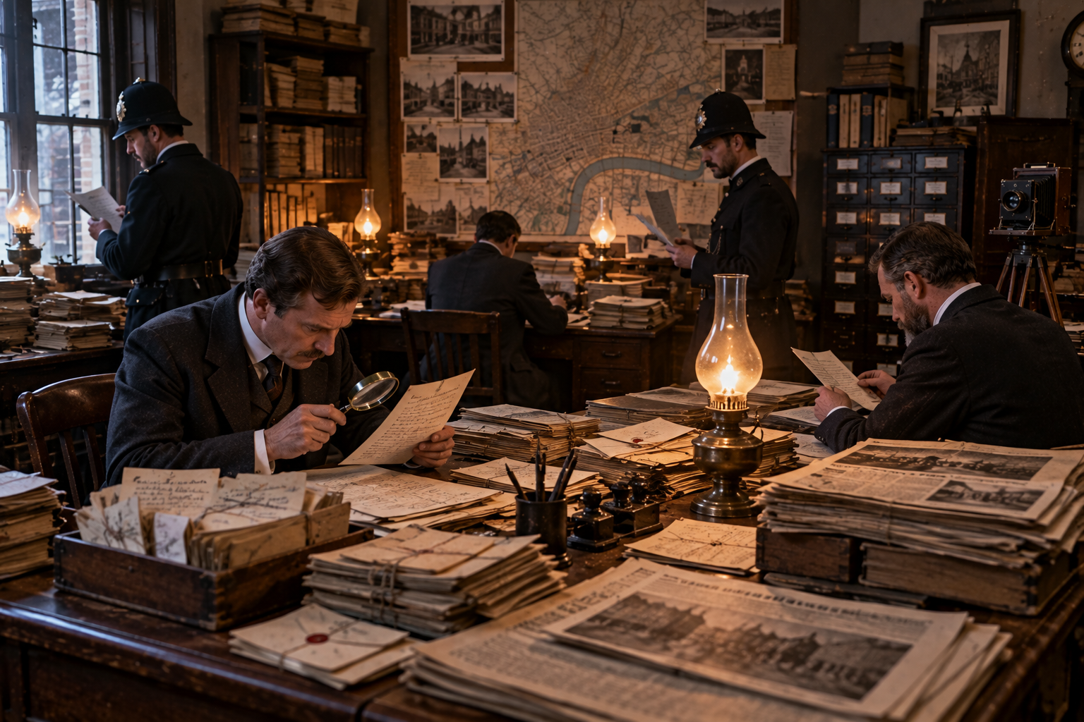 The Jack the Ripper Letters and Police Investigation Victorian police examining letters during the Jack the Ripper investigation, AI-generated historical reconstruction