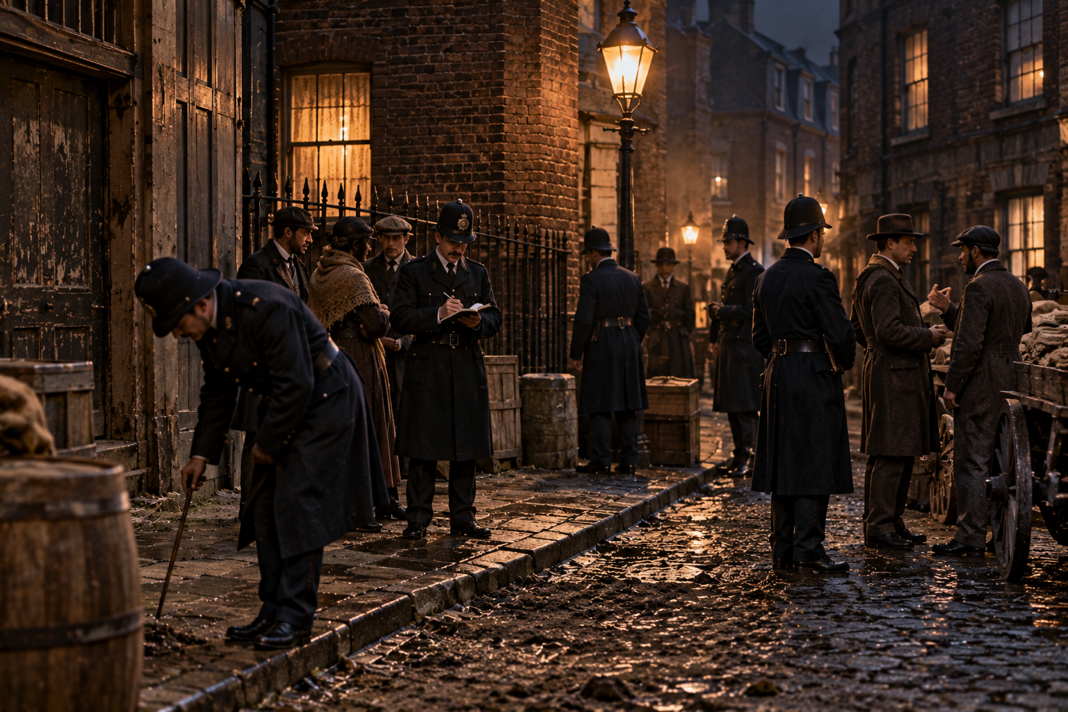 Metropolitan Police Investigation in Whitechapel Metropolitan Police investigation in Whitechapel during the Jack the Ripper case, AI-generated historical reconstruction
