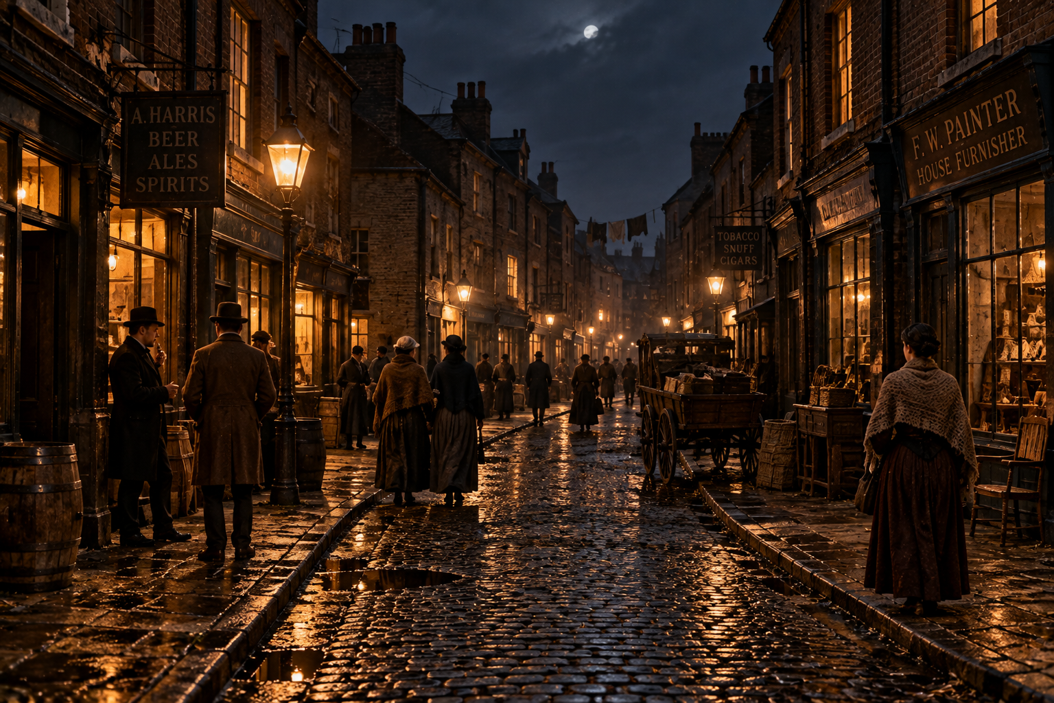 Whitechapel London in 1888 during the Jack the Ripper murders, AI-generated historical reconstruction