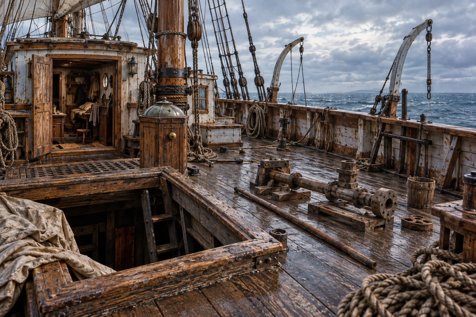 Abandoned Mary Celeste deck showing evidence left behind