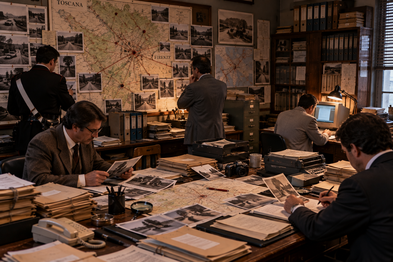 The Long Investigation Into the Monster of Florence Italian investigators studying the Monster of Florence case, AI-generated historical reconstruction