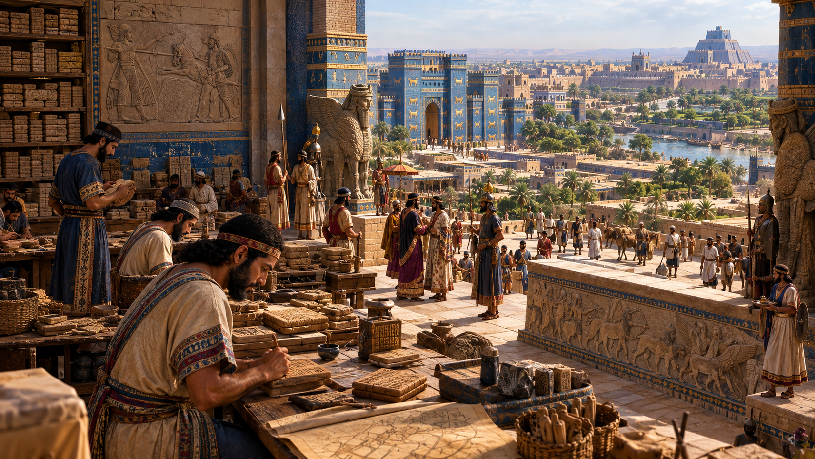 Ancient Mesopotamia Nineveh with Assyrian palace and cuneiform scholars