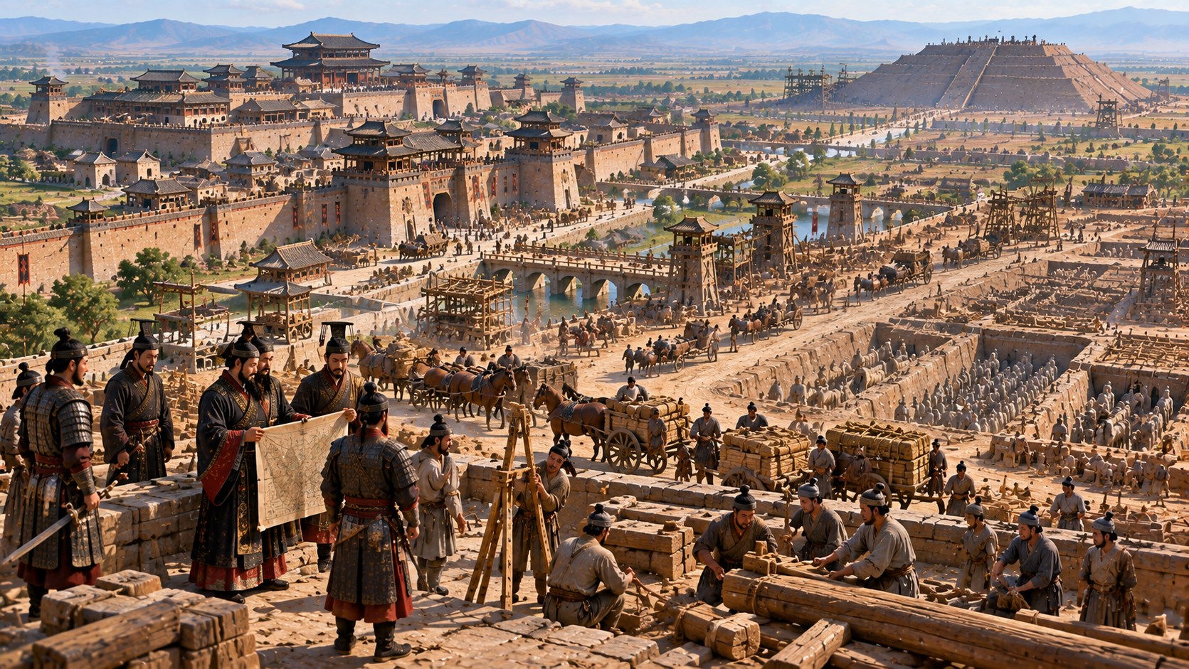 Ancient China Qin imperial city with soldiers, workers, roads, and rammed-earth walls
