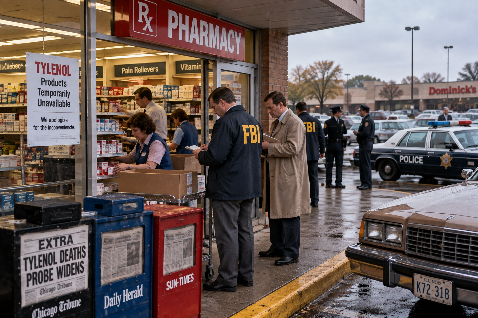 Tylenol Cyanide Murders investigation in Chicago during the 1980s, AI-generated historical reconstruction