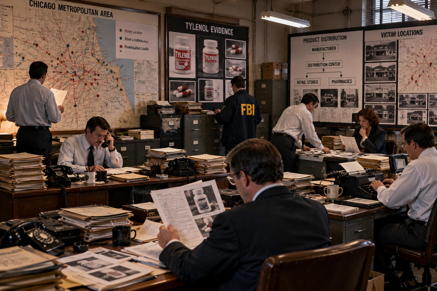 Tylenol Murders Task Force Investigation Multi-agency investigation into the Tylenol Cyanide Murders, AI-generated historical reconstruction