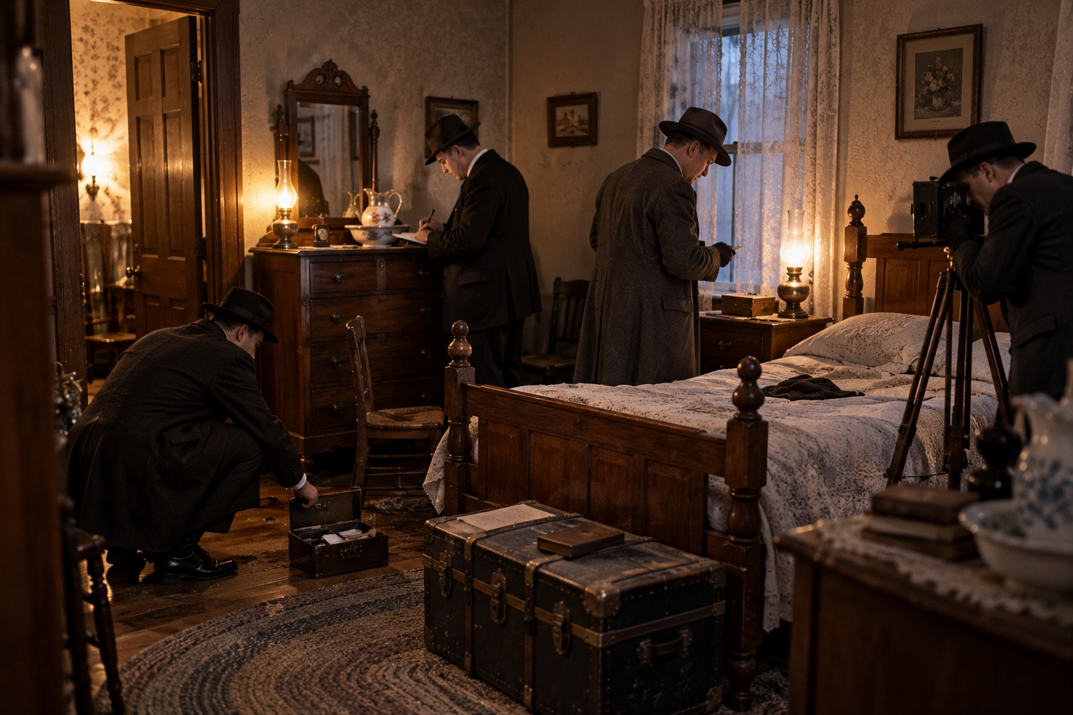 1912 investigators documenting evidence in the Villisca axe murders case, AI-generated reconstruction