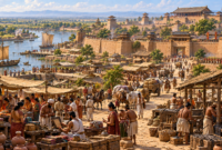 Ancient India historical reconstruction showing an early Indian city, market, river, farms, and traders