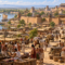 Ancient India historical reconstruction showing an early Indian city, market, river, farms, and traders