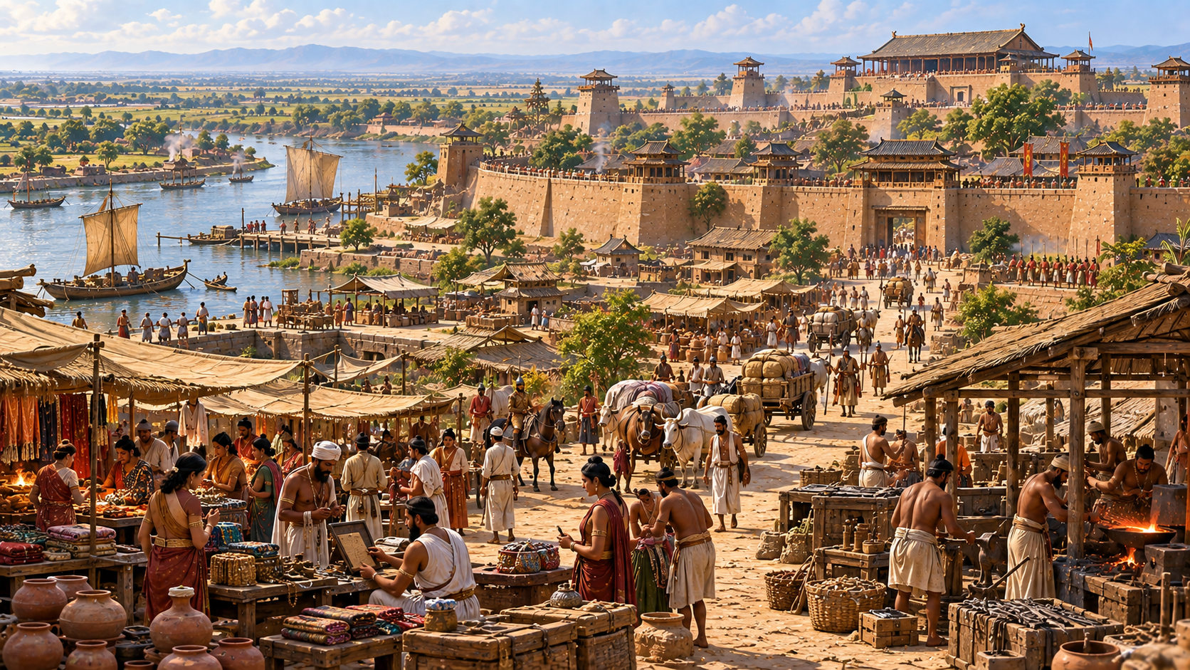Ancient India historical reconstruction showing an early Indian city, market, river, farms, and traders