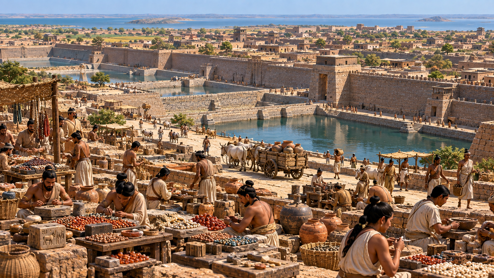 Dholavira and the Harappan Civilization Ancient India reconstruction of the Harappan city of Dholavira with reservoirs, workshops, traders, and fortified streets