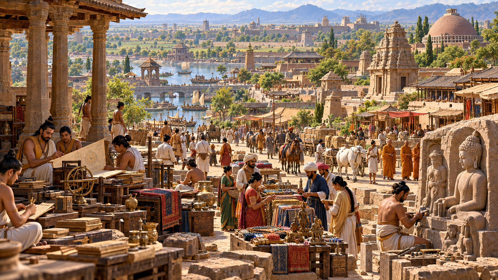 Learning and Culture in Gupta India Ancient India during the Gupta period with scholars, artisans, merchants, temples, manuscripts, and urban life