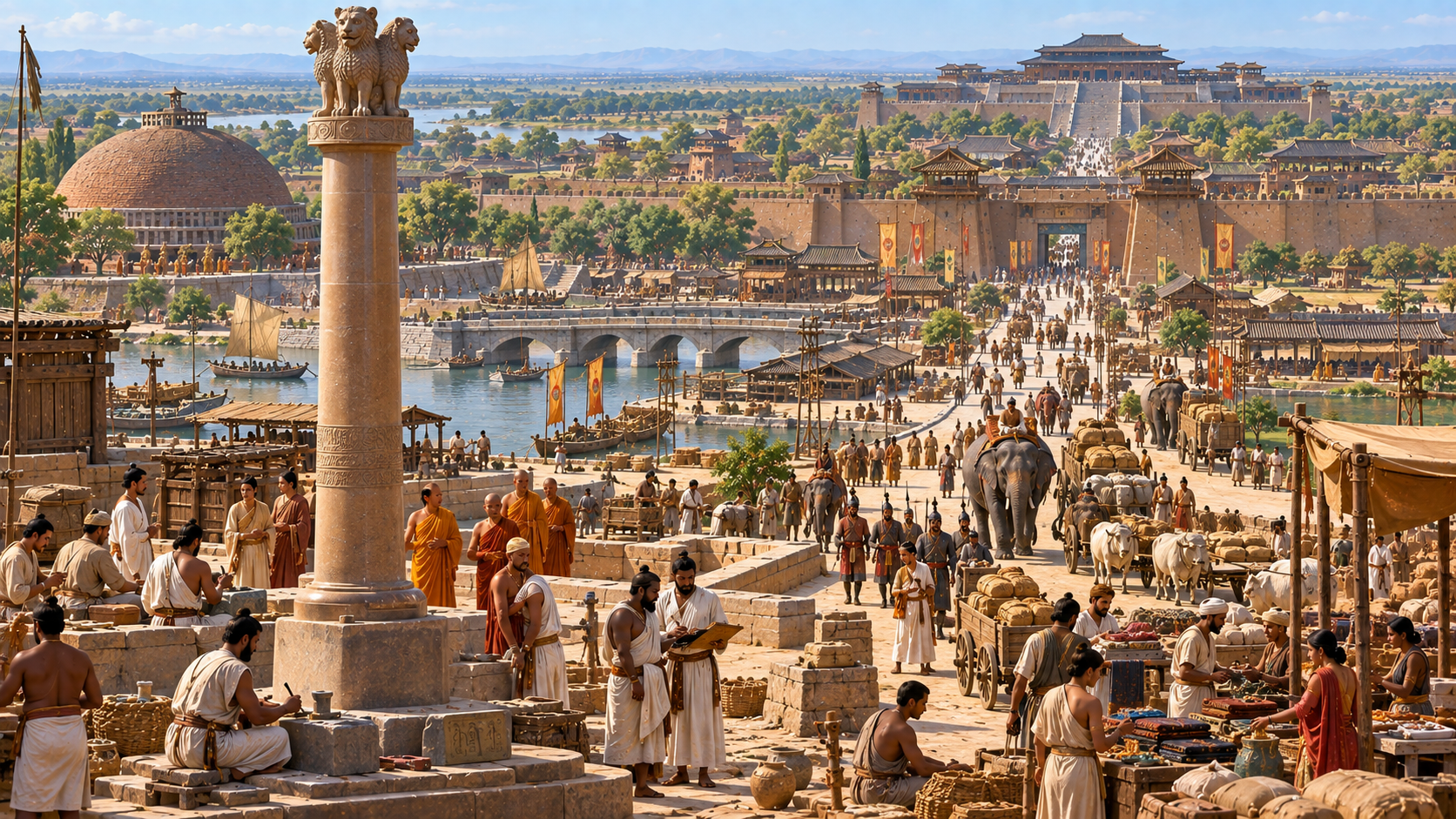 Mauryan India and the Age of Ashoka Ancient India during the Mauryan Empire with an Ashokan pillar, officials, merchants, monks, and an early stupa