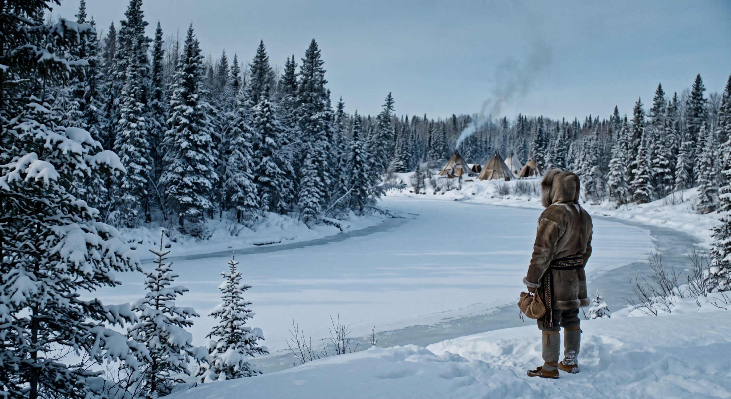 Wendigo legend represented through a winter Algonquian woodland landscape